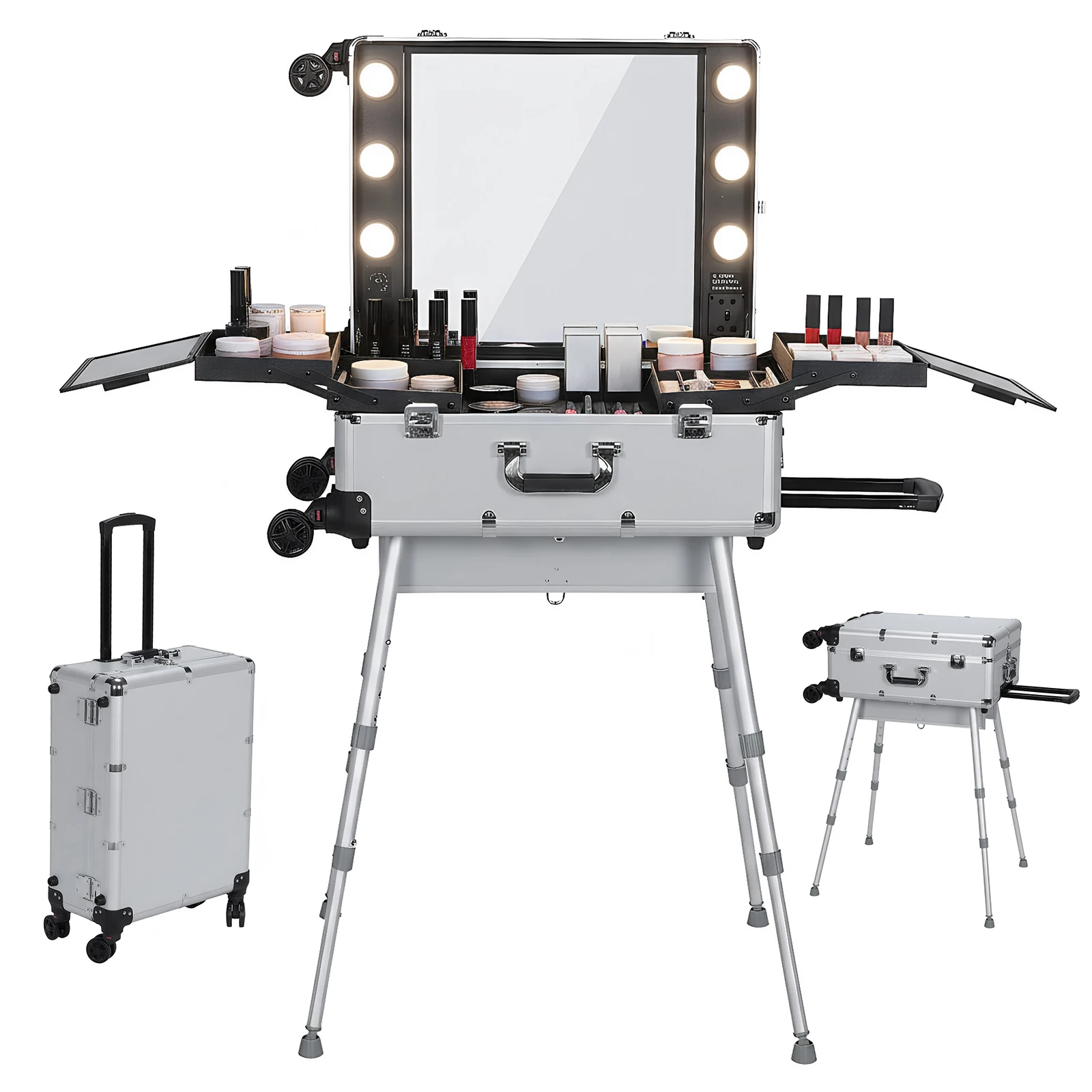

Rolling Mobile Barber Stations with Mirror and Lights Mobile Makeup Artist Trolley with Wheels Stands for Travel Or Salon Use