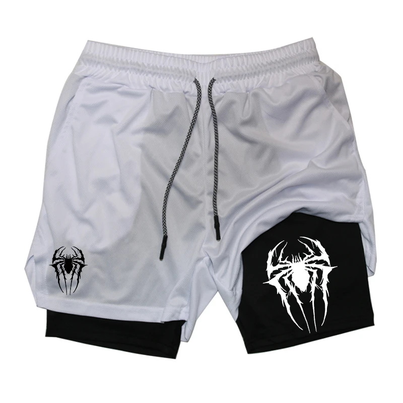 Stylish Spider Print 2 in 1 Compression Shorts for Men Gym Athletic Workout Running Shorts with Phone Pocket Towel Loop