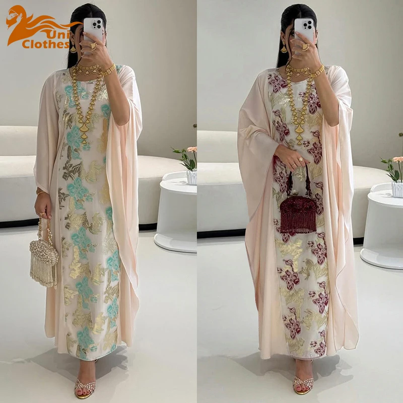 

UNI Muslim Batwing Sleeve Flower Embroidery Abayas Dubai Luxury Prints Maxi Dress Ramadan Turkey Islam Women Party Evening Robes