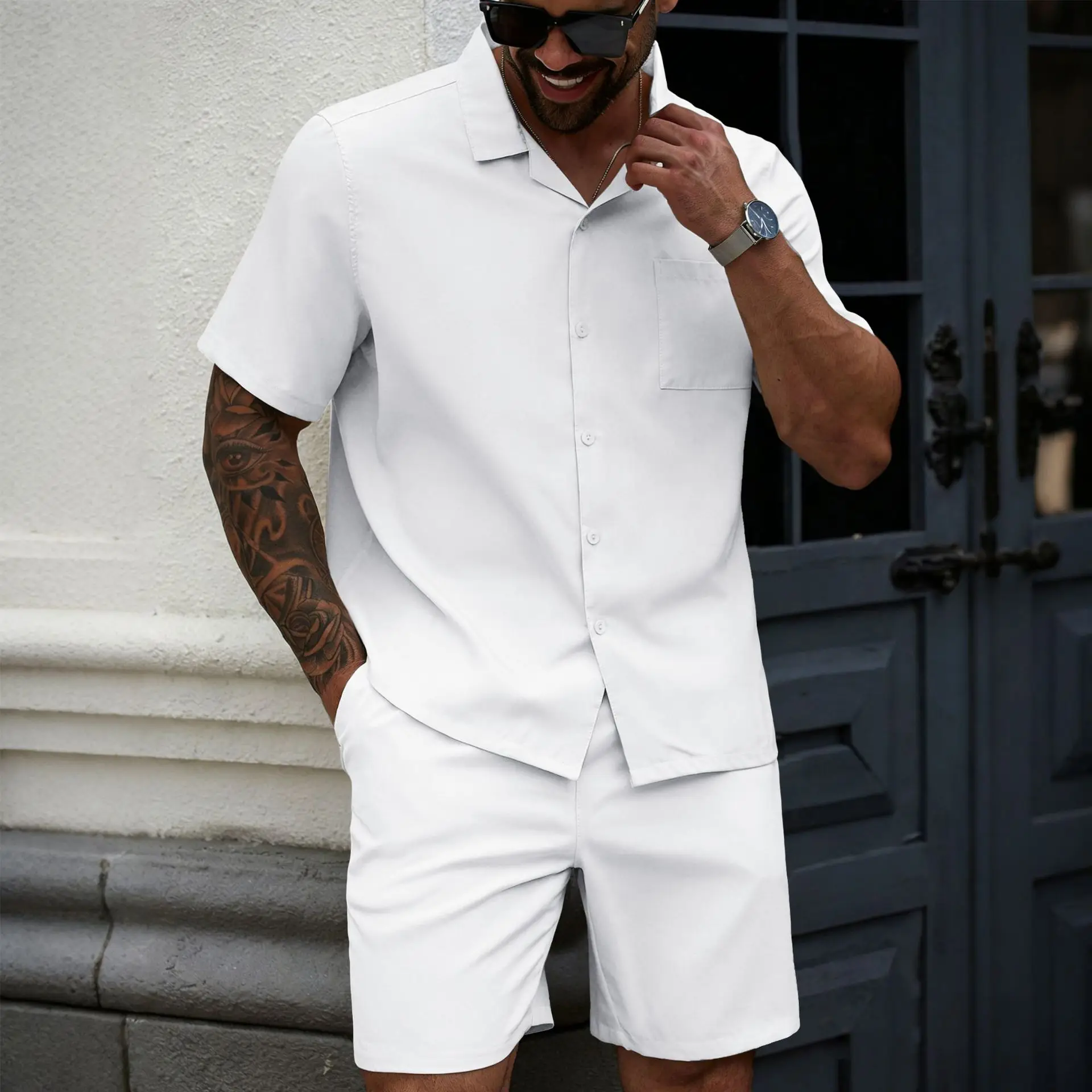 

2026 Summer Mens Solid Color 2 Piece Outfits Lapel Shirt Shorts Set Casual Lightweight Breathable Beach Vacation Streetwear