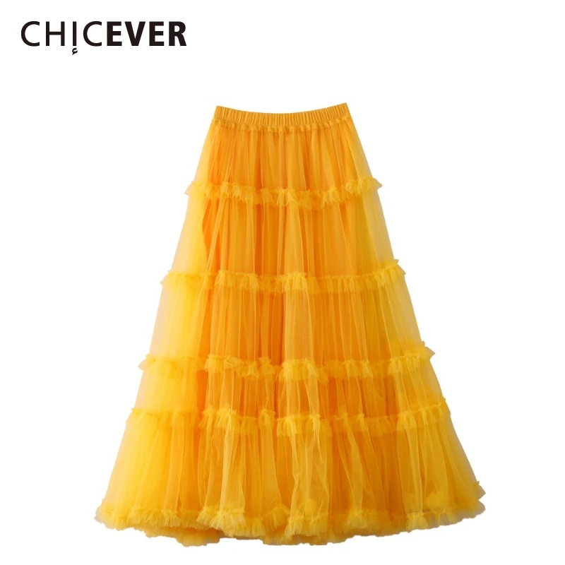 CHICEVER Solid Spliced Mesh Office Lady Skirt Female High Waist Loose Sweet Ball Gown Women's Skirts Autumn Style Fashion New