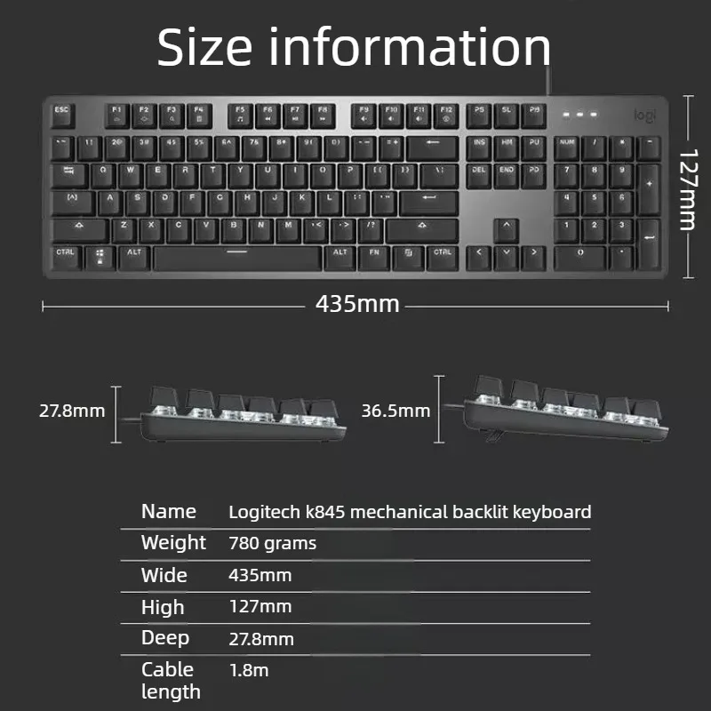 Logitech K845 Wired Mechanical Keyboard  Aluminum Frame White Backlit USB Full Size Keyboard with Numeric Keypad for Gaming