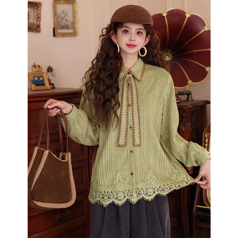 MEXZT قمصان دانتيل عتيقة للسيدات بلوزات هاراجوكو بربطة عنق مرقعة للخريف والشتاء ملابس الشارع الكورية بأكمام طويلة تصميم غير رسمي