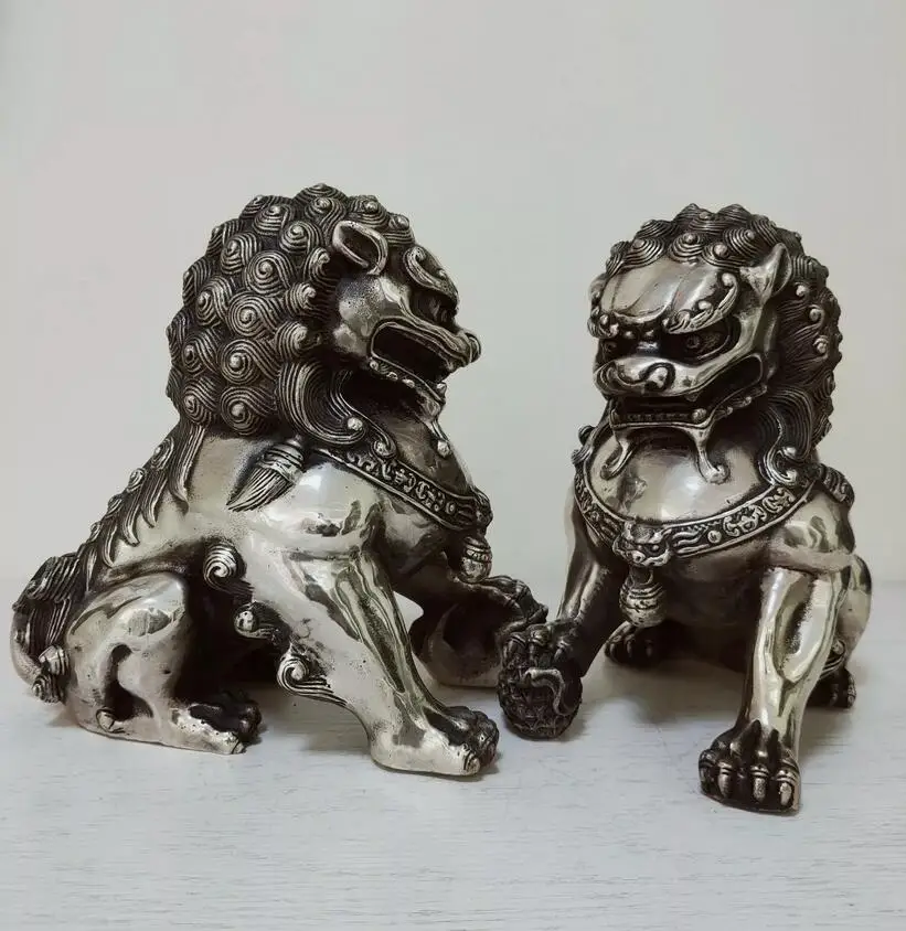 6.3inch Big Tibet silver Fu Foo Dog Guardian lion argent lucky Statue Pair