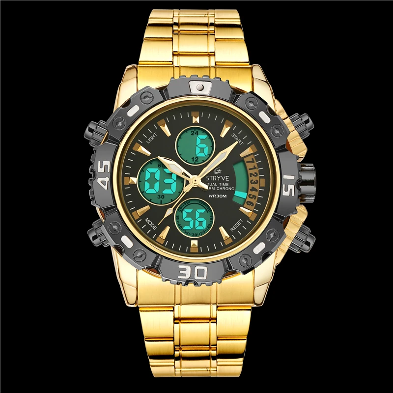 

Hot Sale Men's Stainless Steel Watches Stryve 8018 Waterproof Quartz Digital Dual Time Watch with box OEM Accept