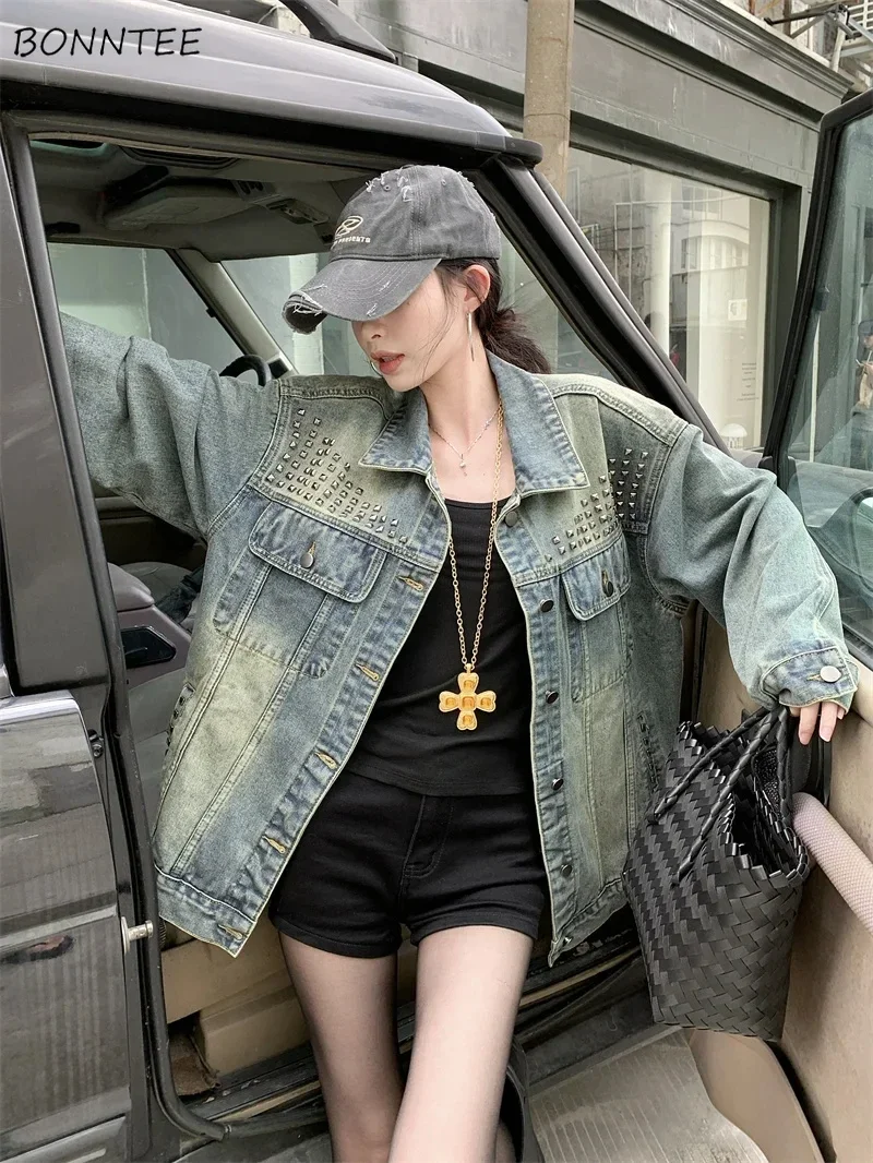

Denim Jackets for Women Rivet Design Turn-down Collar Loose Fit Retro All-match Streetwear American Style Popular Autumn Outwear