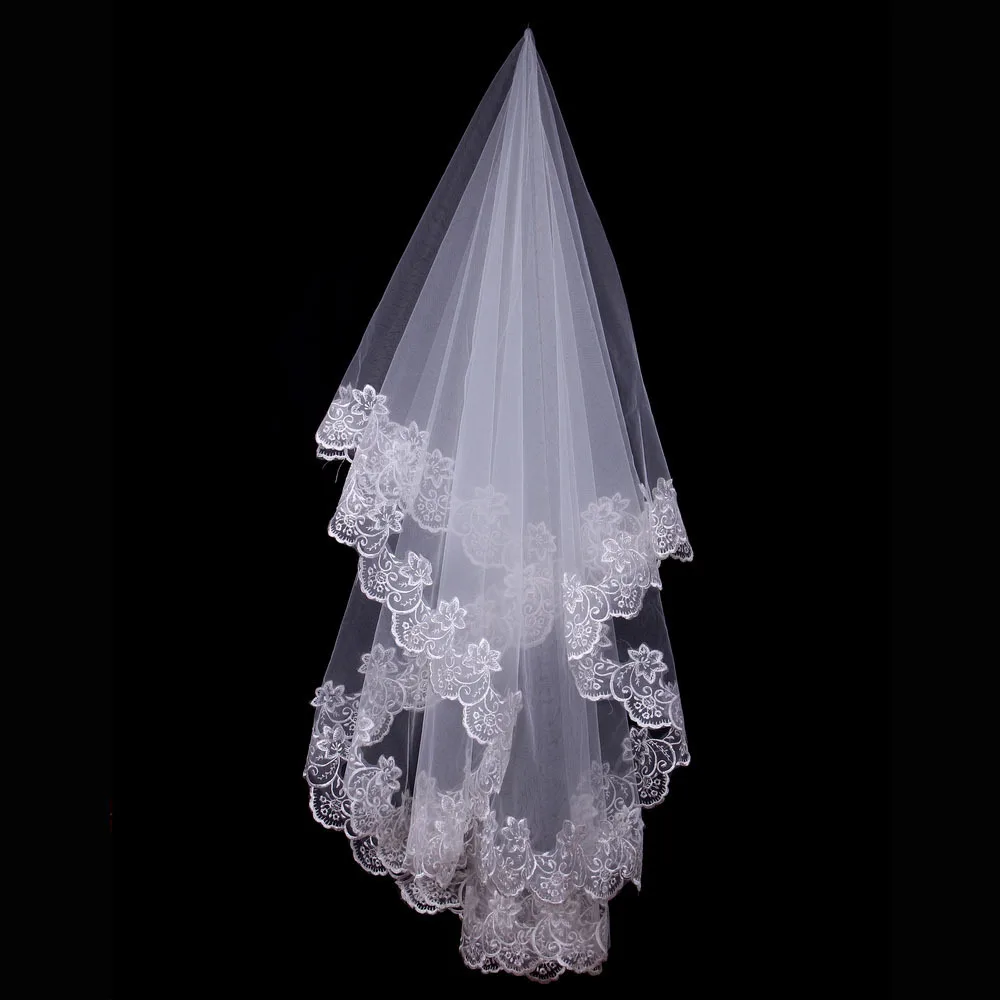 Afbeelding 7: 2019 Vintage Wit Ivoor Korte Tulle Wedding Bridal Veil Kathedraal Lengte Een Laag Applique Kant