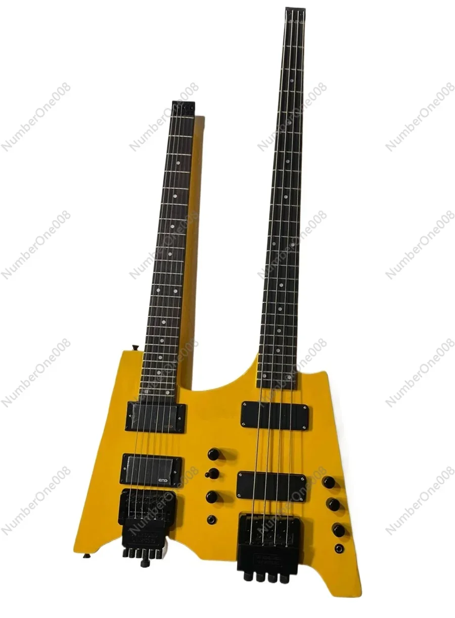 Flyoung Double Neck Yellow Headless Electric Guitar with Black Bardware,Offer Customize