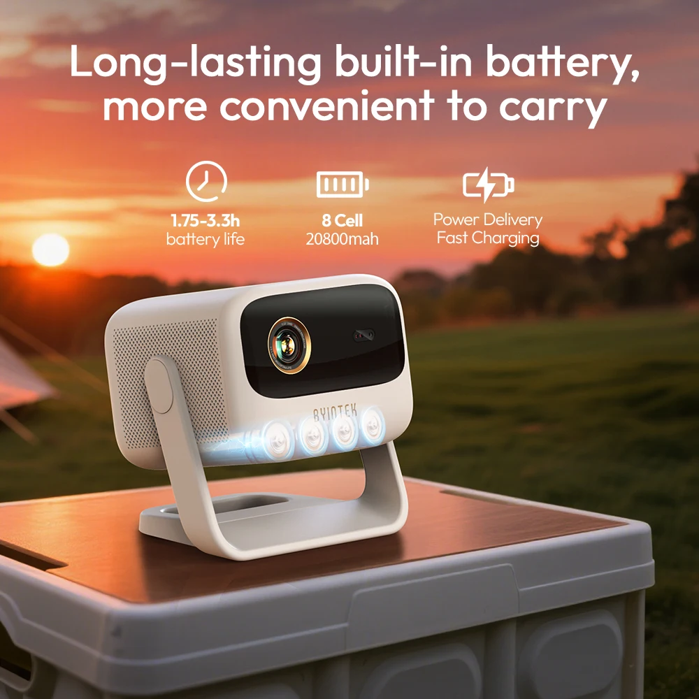 BYINTEK U90 DLP Portable Projector 500ansi Android 11 Wifi Smart 4K Video Support Home Theater with Battery for Camp Business