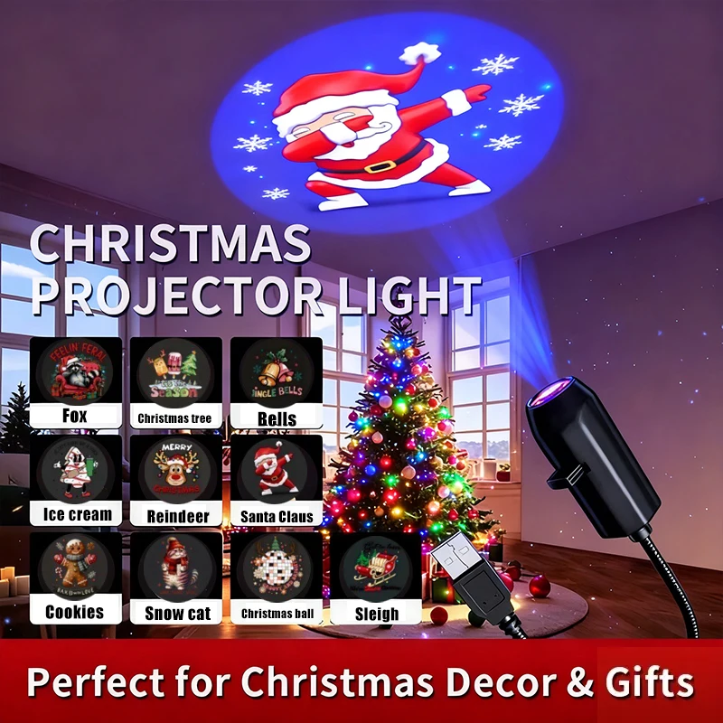 Christmas LED Projector Light with Snowman Bells & Fox Designs 360° Rotation Adjustment USB Plug-in for Festive Atmosphere Decor