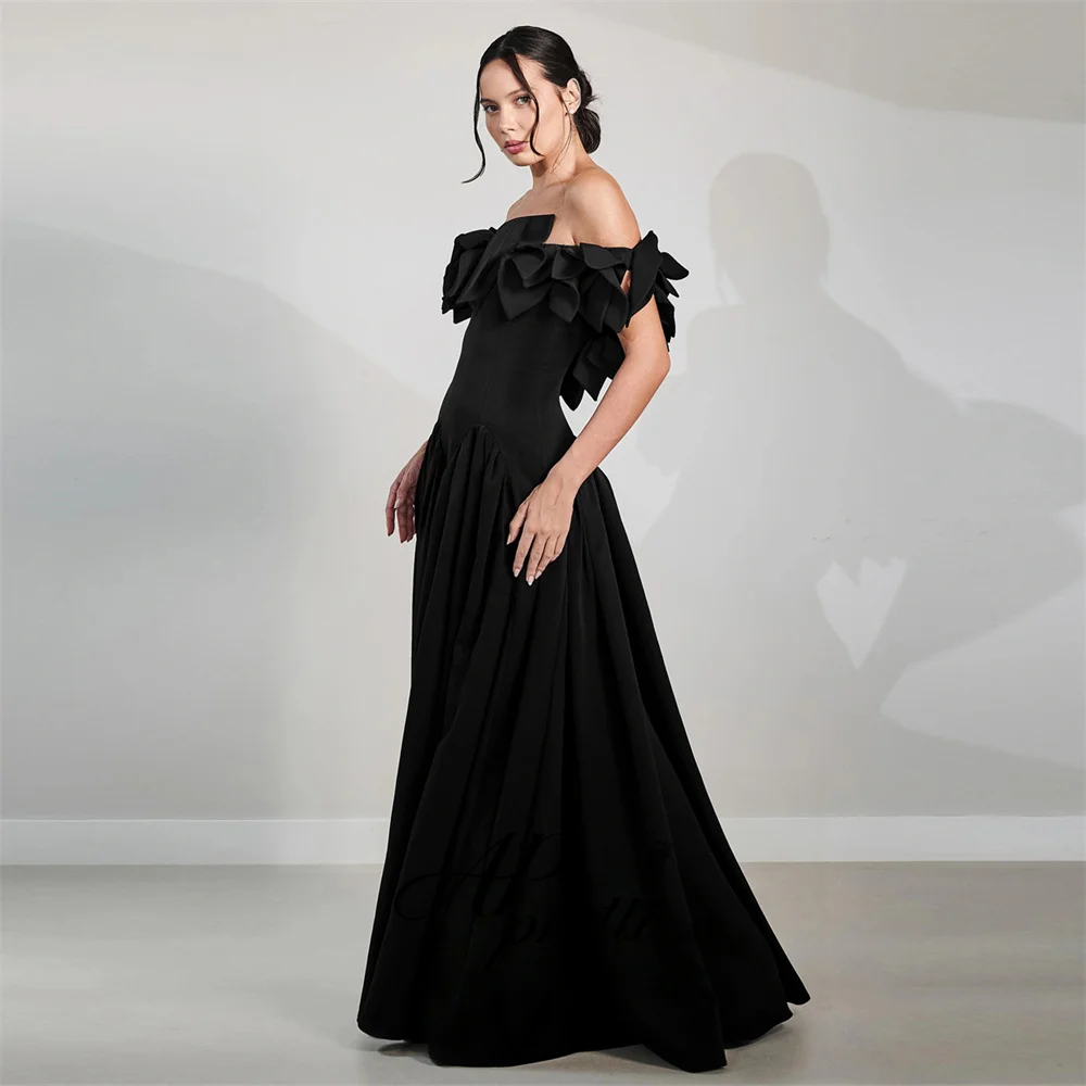 AP pretti Vintage Black Off the Shoulder 3D Petal Ruffle Formal Evening Gown A-line Satin Party Dress Wedding Guest Customized ﻿