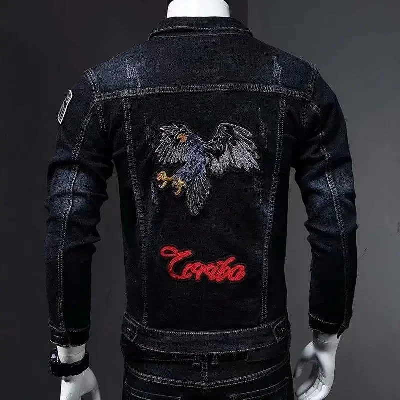 

New 2023 Fashion Casual Embroidered Denim Jacket Male Vintage Long Sleeve Hip Hop Wild Jeans Coat Men Streetwear Autumn Clothing