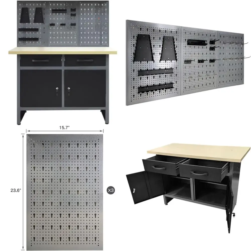 

Прочный стальной верстак с двойными ящиками, шкафами, металлическими колодками и крючками для гаражной мастерской.