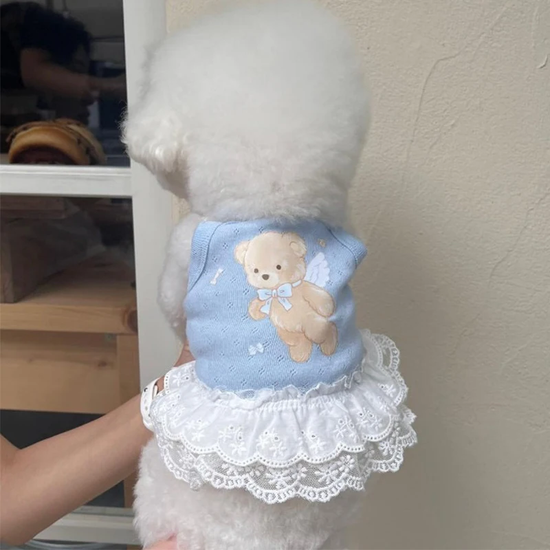 Bear Print Cotton York Dog Clothing Cartoon Solid Female Pet Cat Vest Lace Romantic Summer Overalls for Small Medium Puppy