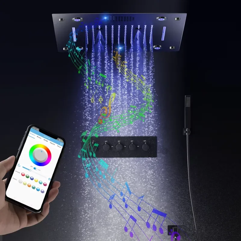 Modern Black Music Shower Set Bathroom Ceiling LED Shower Panel Waterfall Rainfall Shower Head With Thermostatic Mixer