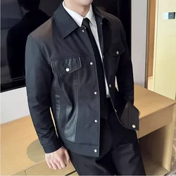 Autumn Winter High Quality Single Breasted Lapel Leather Jacket Fashion Spliced Designer Men PU Leather Slim Fit Anti-wind Coats