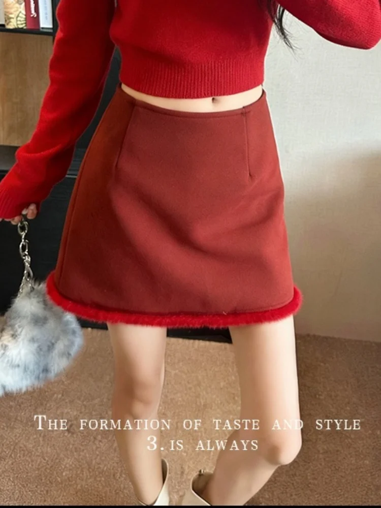 

SMTHMA Ретро красная шерстяная мини-юбка трапециевидной формы с высокой талией для женщин с короткой юбкой с меховой отделкой