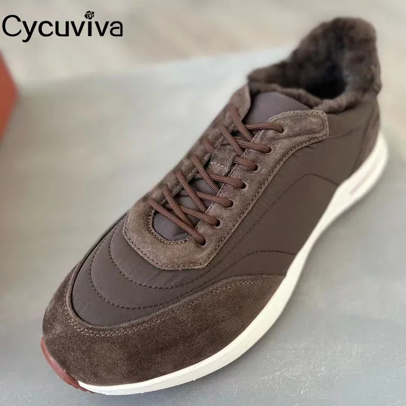 Hot Sale Winter Wool Flat Platform Men\'s Sneakers Suede Leather Tennis Shoes Warm Thick Sole Casual Fur Daddy Shoes Male