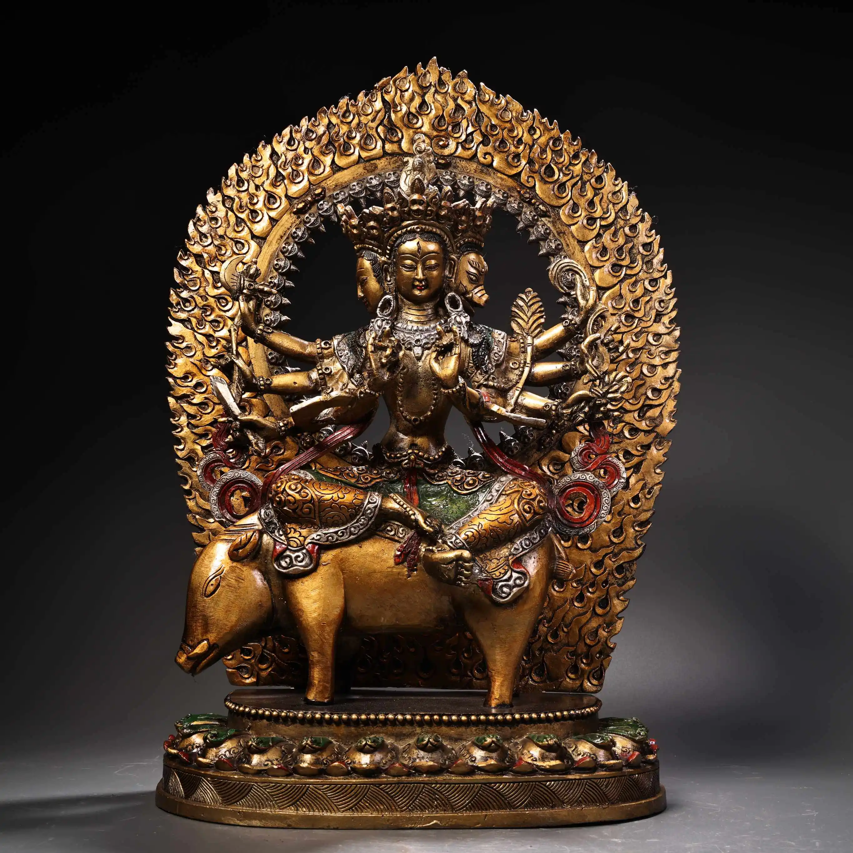 Old Copper Painted Gold Highlight Marici Buddha Statue Riding Pig Heavy Patina