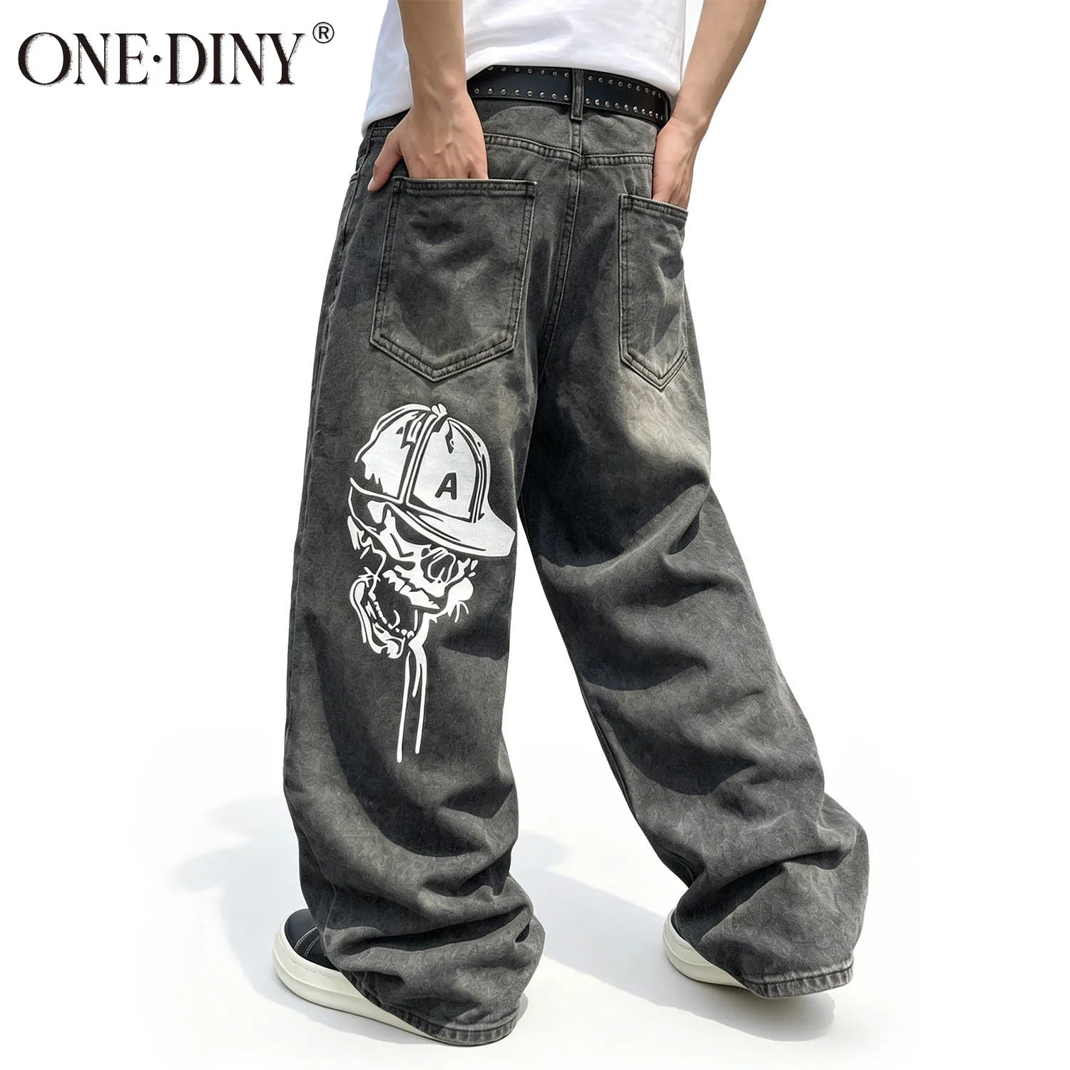 ONE·DINY Men's American Fashion High Street Retro Black Grey Washed Skull Print Jeans Loose Wide Leg Floor Pants Lazy Cool Pull