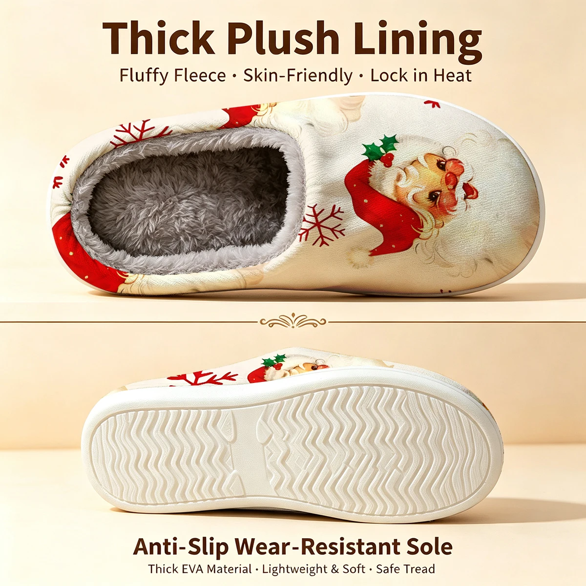 Vintage Santa Claus Christmas White Slippers Warm Plush Indoor Shoes Non-Slip Winter Slippers Family Holiday Gifts Soft view 6