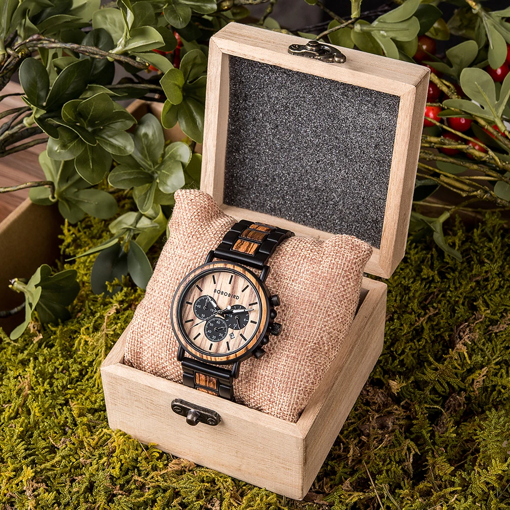 BOBO BIRD Quartz Watch For Men Luxury Man Watches Wood Stopwatch Date Display Chronograph Wristwatches relogio masculino Custom