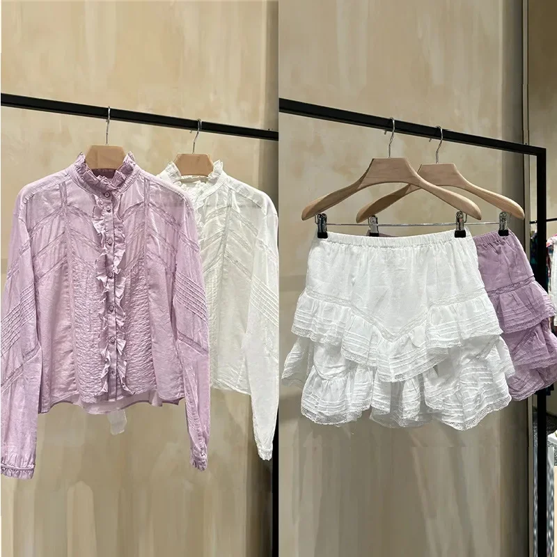 Women Fashion Lace Fungus Stand Collar Long Sleeve Shirt/Ruffled Pants Skirt 2024 Early Autumn