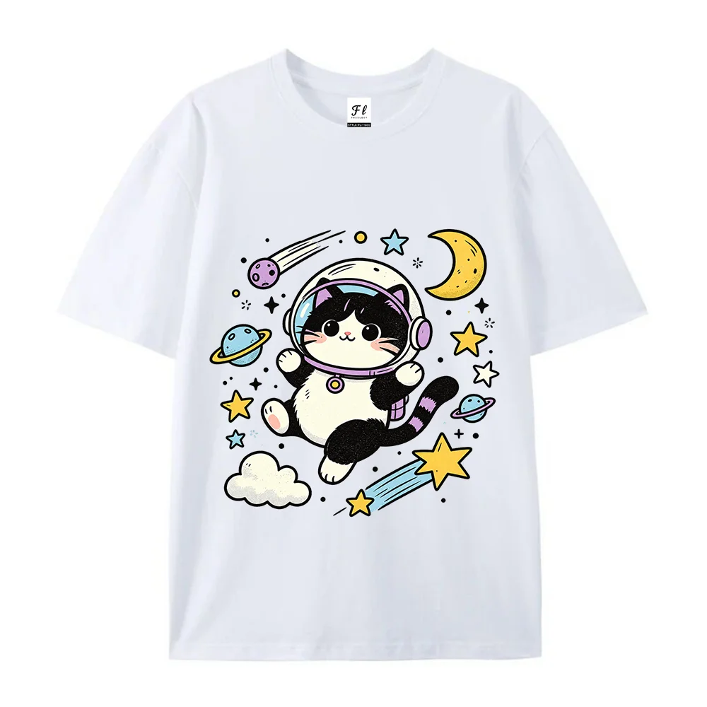 Women Astronaut Cat Graphic T Shirt Space Planets Crescent Moon Stars Kawaii Aesthetic White Loose Cotton Tops