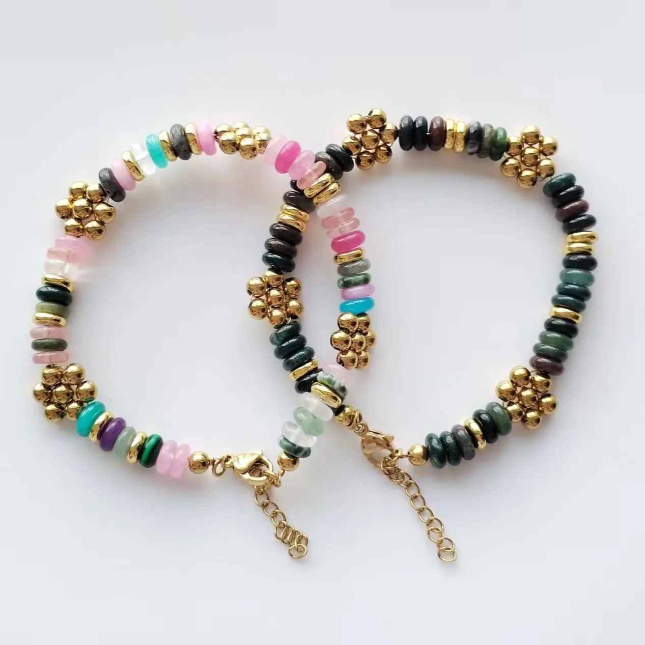 

Plated 14k Colorful Natural Stone Beads Chain Handmade Bracelet Bangle Waterproof Bohemia Stainless Steel Trendy Jewelry Gift