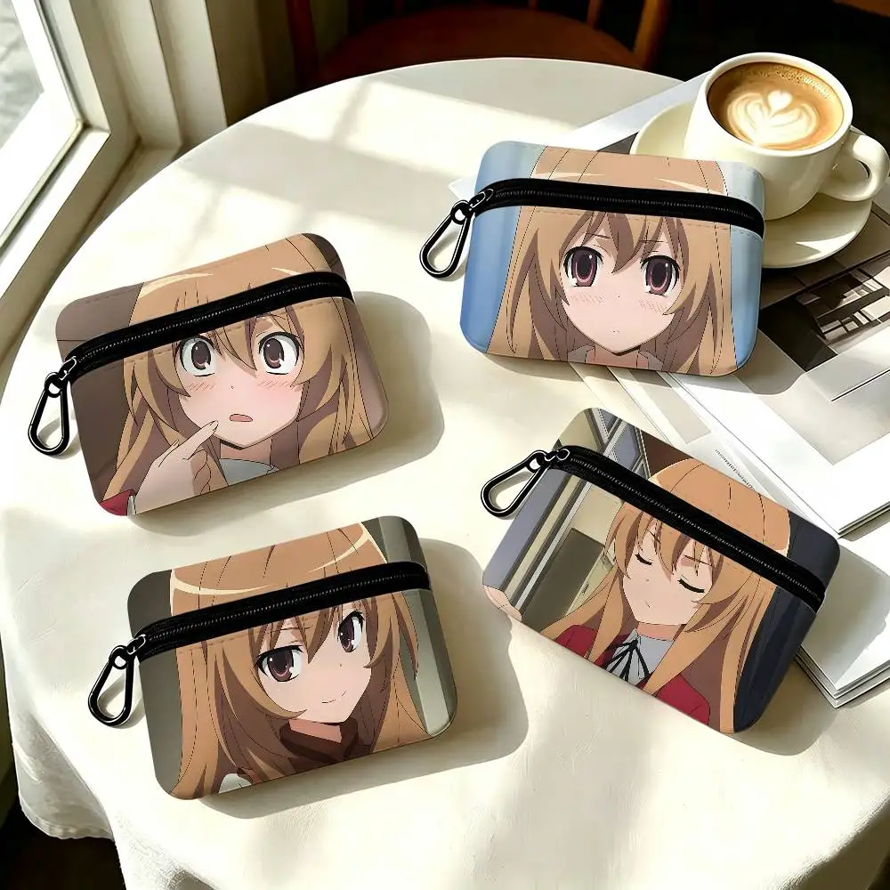 1pc Taiga Aisaka Anime Characters Coin Purse With Carabiner Hook Portable Key Card Wallet Small Zipper Storage Pouch