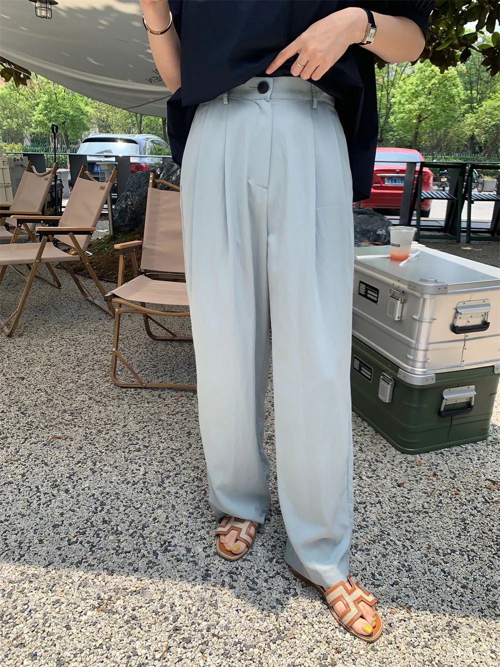 

Светло-голубые шелково-хлопковые брюки с высокой талией и широкими штанинами для женщин, летние повседневные прохладные брюки, тонкая модель, для работы, со складками по низу