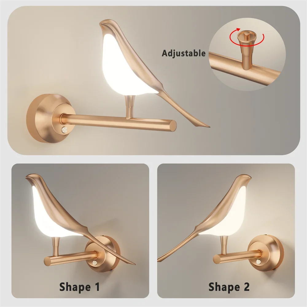 Imagem -04 - Rotatable Golden Bird Led Wall Lights Lâmpada de Parede Moderna Cabeceira Pendurada Luz Arandela Interior para Quarto Novidade Lâmpada 12w