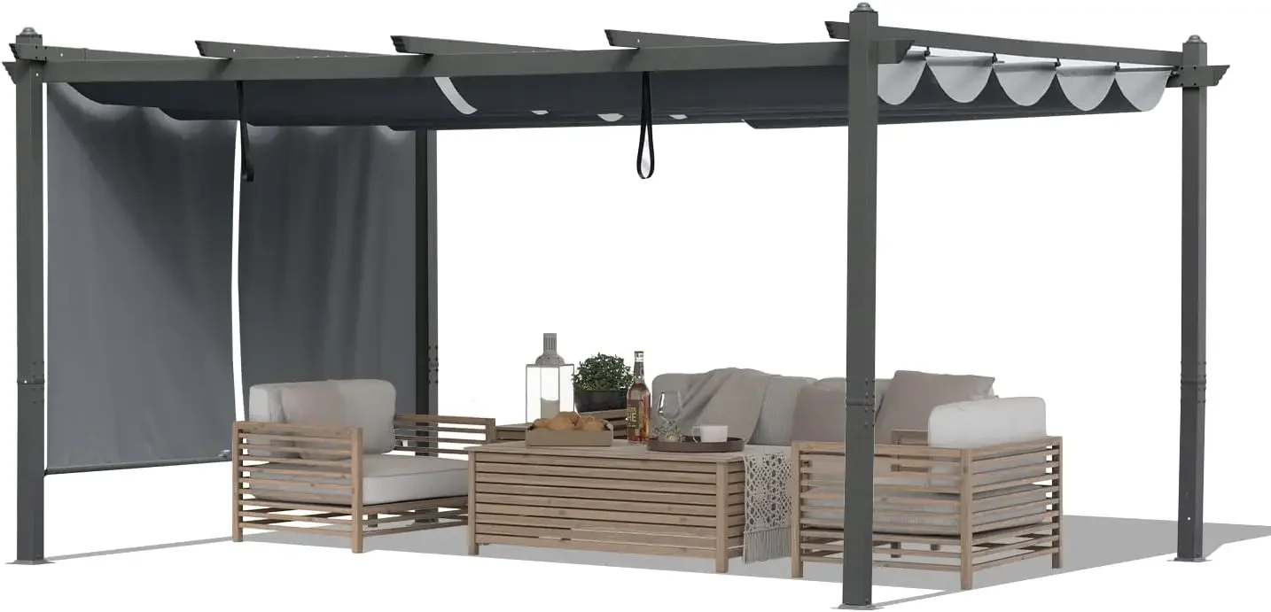 16 x 12 FT Outdoor Pergola with Retractable Shade Canopy, Dark Gray Matte Aluminum Frame, 2 Pieces Roller Shade Curtain