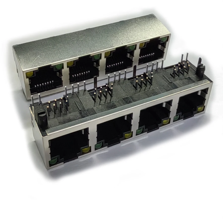 10PCS/Lot RJ45  8P8C 4 Ports Steel Shield Network Female Jack/Socket Connector  1*4P 90 Degree with LED