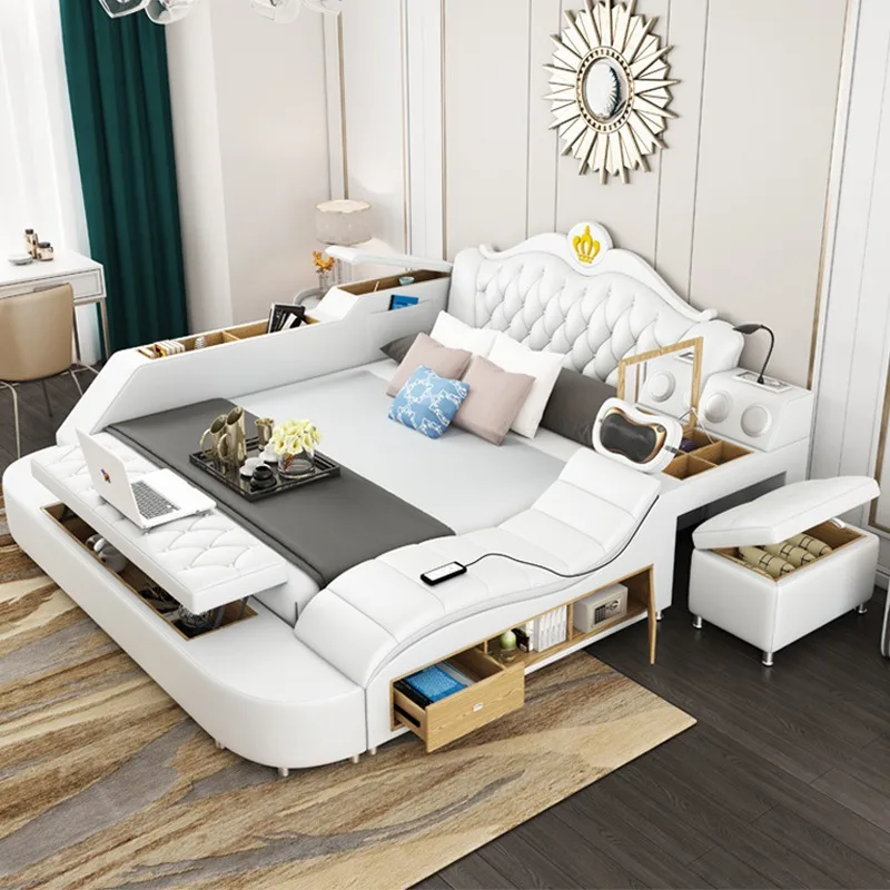 Multifunctional massage storage double bed 1.8 meters leather art bed European tatami leather bed Bedroom furniture