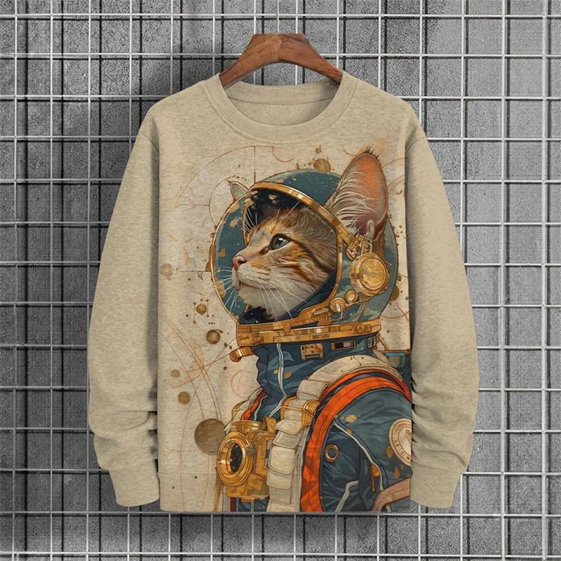 Japanese Pattern Sweatshirts For Men Space Cat 3D Printed Pullover Autumn Oversized O-Neck Hoodies Long Sleeves Clothing Tops