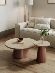 Travertine Wood Tea Table Set Luxury Modern Small Living Room Home Round Corner Side Table