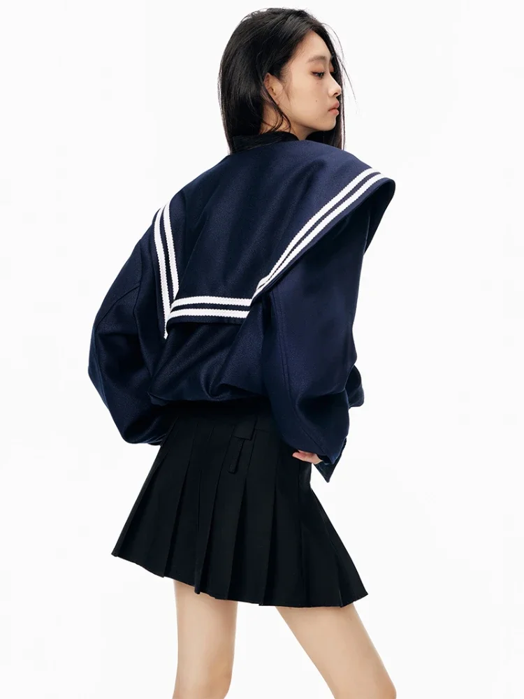 ADAgirl Vintage Sailor Collar Jacket Women Patchwork Long Sleeve Oversize Coat Preppy Style Uniform Old Money Aesthetics Outfits