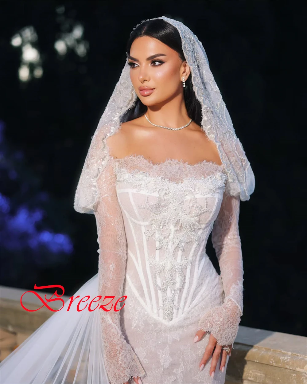 사용자 정의 투명한 흰색 레이스 웨딩 드레스 간단한 Strapless 크리스탈 긴 소매 신부 가운 Backless 인어 드레스