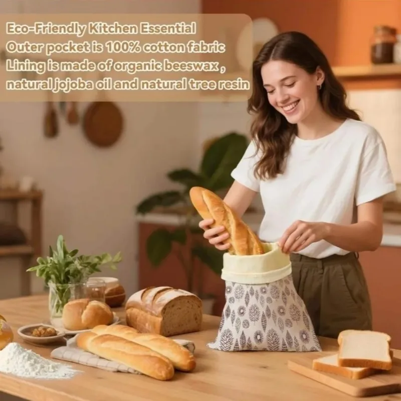 New Reusable Beeswax Bread Bags Beeswax Coated Lock Closure Bread Storage Bags 43*33cm Cotton Fabric Sourdough Bag Freezer Use