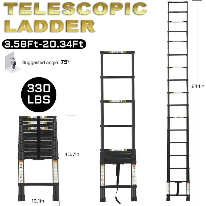 RIKADE-escada de alumínio telescópica com pés antiderrapantes, extensão portátil, 20.3FT