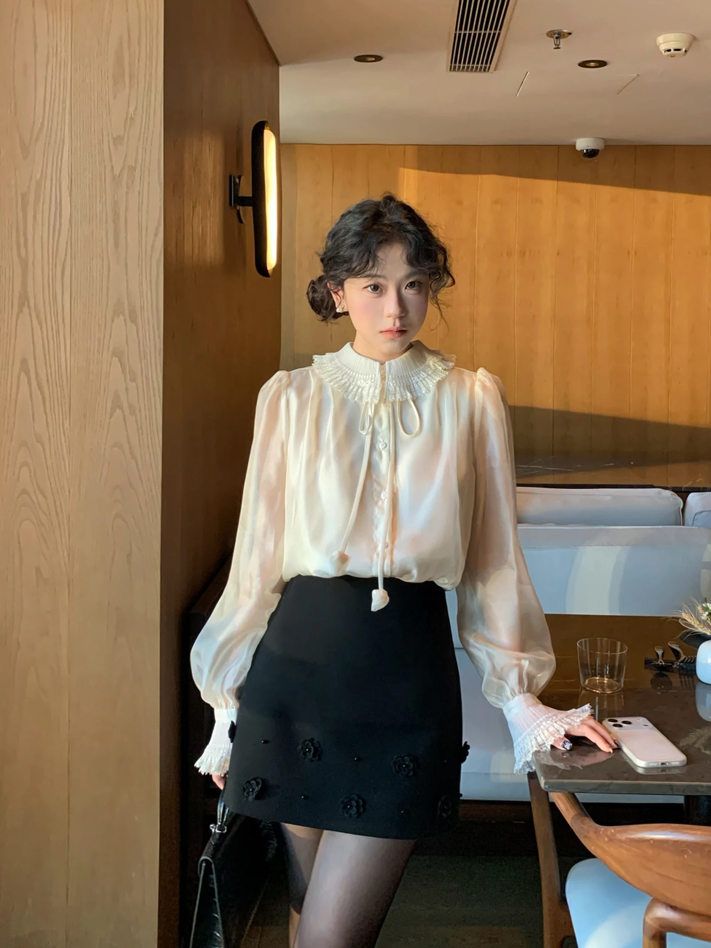 

Moby Champs Elysees Lace Collar Women's irt Inner Wear Base Top Autumn Winter Straight Cut French Sle Long Sve