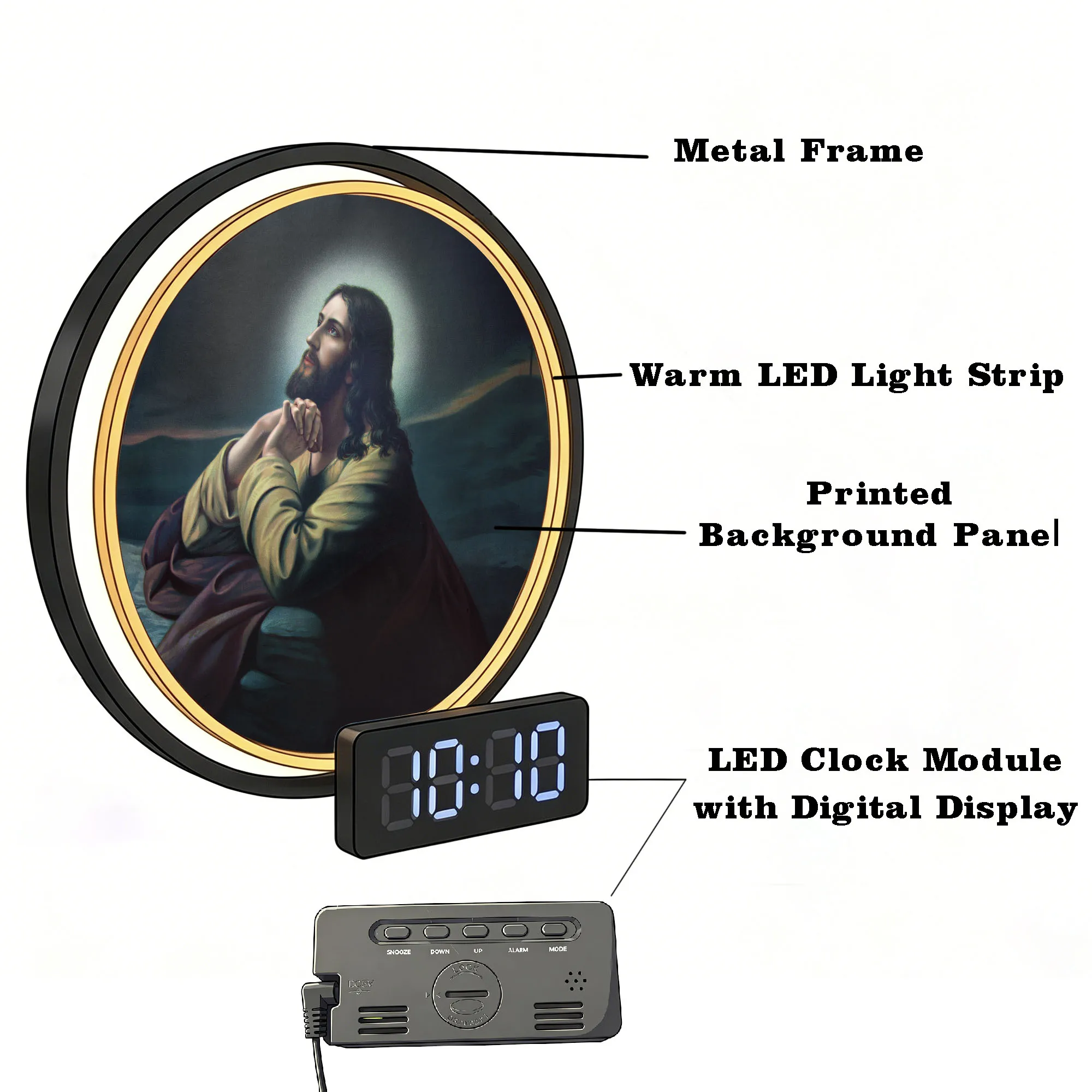 Jesus Praying LED Night Light Digital Wall Clock with Calendar Date Temperature Christian Religious Home Decor Church Wall Clock