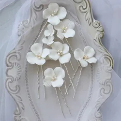 White Flower Hairpins Side Clips for Bride Wedding Elegant U Shaped Hair Sticks Forks Ceramics Floral Headpieces Hair Jewelry