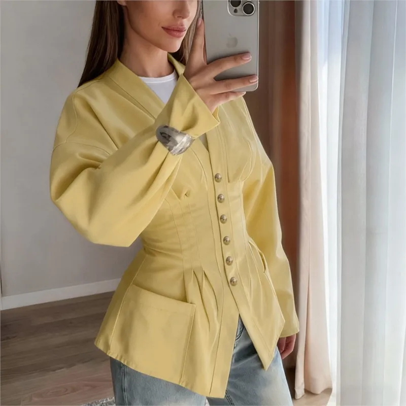 레트로 플리츠 슬림핏 허리 슬림 카디건 가을 스타일리시 디자인 여성 캐주얼 솔리드 컬러 버튼 긴팔 포켓 셔츠