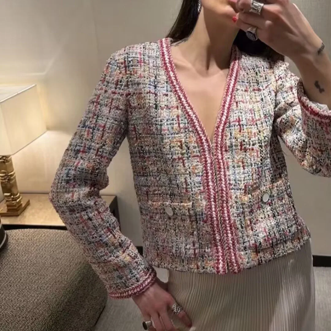 2026 New Fashion Vintage Colorful Yarn Crochet Tweed Jacket Women V-neck Long Sleeve Autumn Elegant Chic Coat