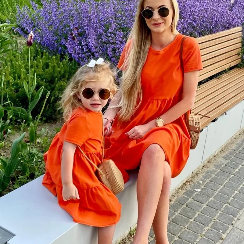 Summer Mommy and Daughter Matching Clothes Short Sleeve Solid Color Mother and Daughter Dress Casual Family Matching Outfits