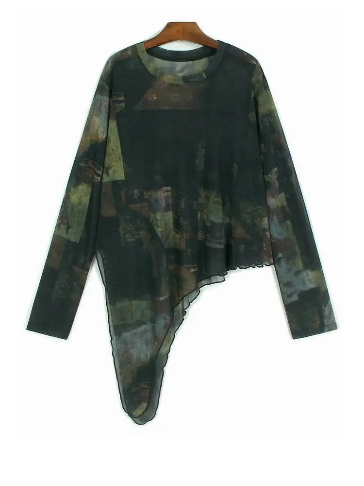 

Женская сетчатая футболка с принтом нестандартной формы, большого размера, новая модная футболка с круглым вырезом и длинными рукавами, весна-осень