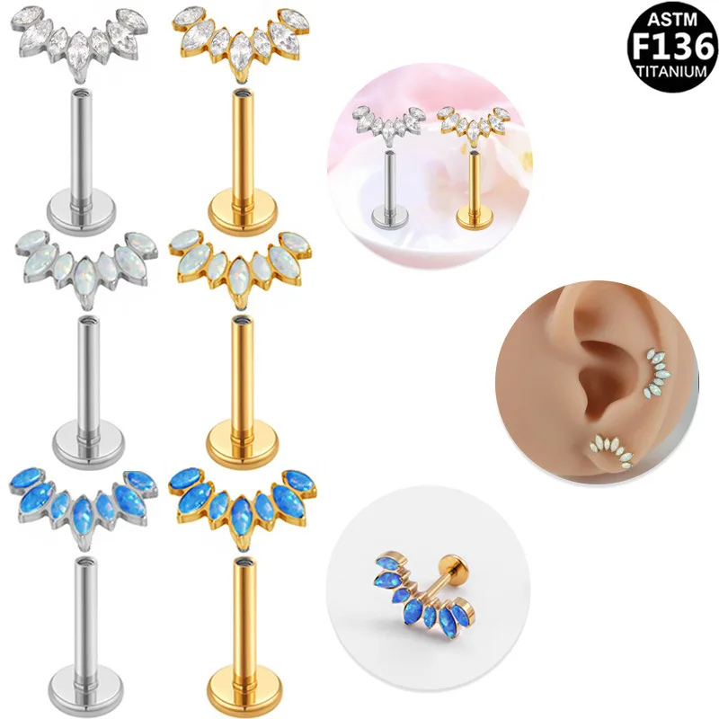 G23 Titanium Ear Tragus Cartilage Stud CZ Marquise Cluster Helix Daith Stud Earring for Women Internal Thread Labret Piercing