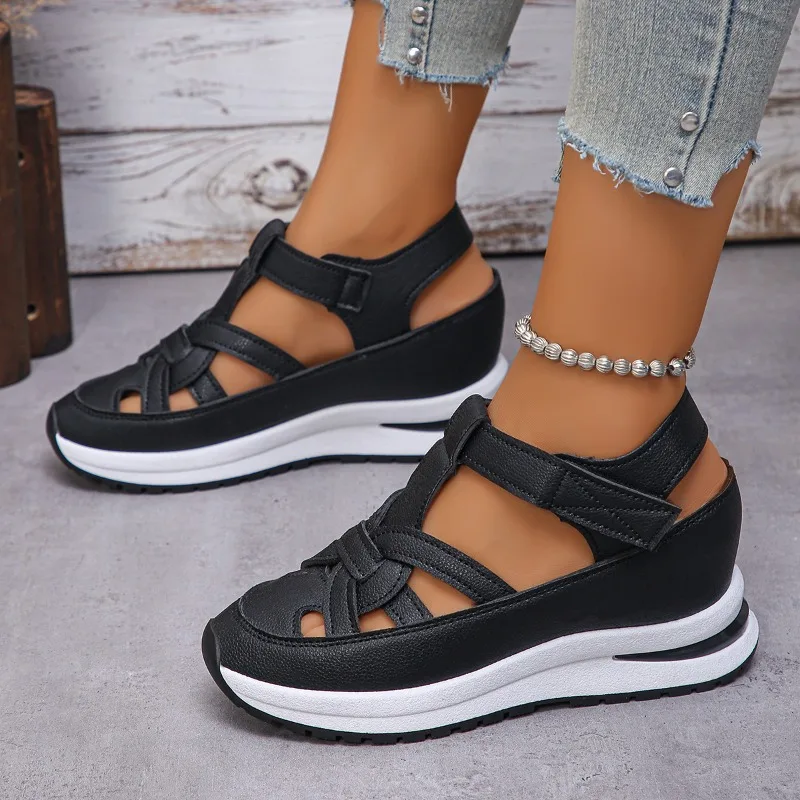 

Large Size Platform Sandals Women's Head Cover Hollow Out Breathable Thick Bottom Slip-On Roman Style Ladies Slippers